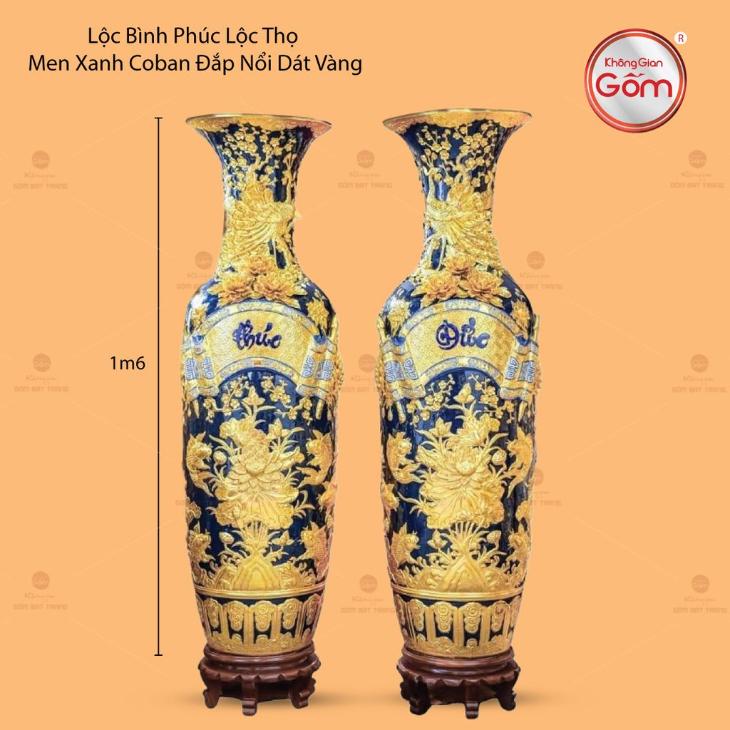 Lộc Bình Phúc Đức Men Xanh Coban Đắp Nổi Dát Vàng