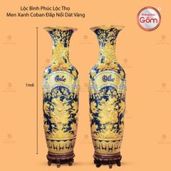 Lộc Bình Phúc Đức Men Xanh Coban Đắp Nổi Dát Vàng