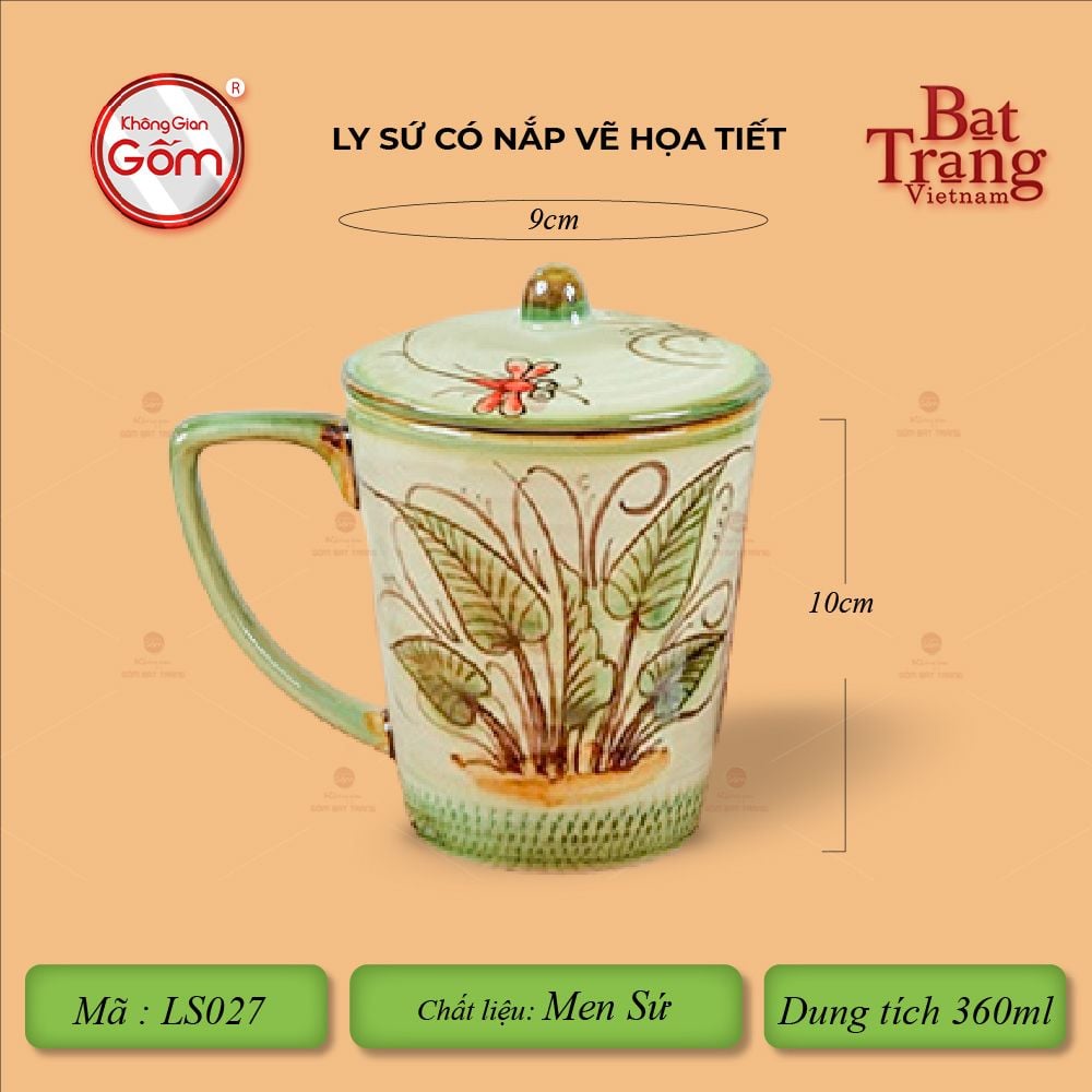 Ly Vẽ Tay Có Nắp Men Xanh