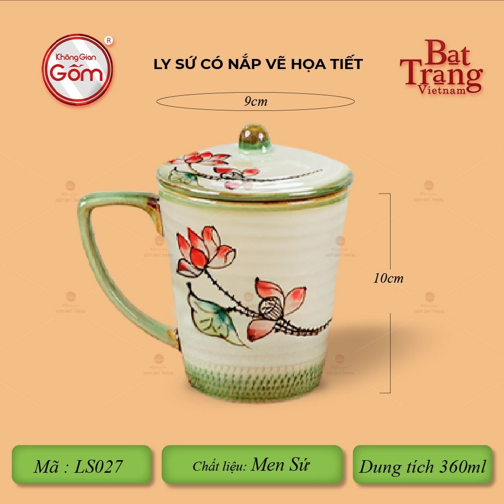 Ly Vẽ Tay Có Nắp Men Xanh