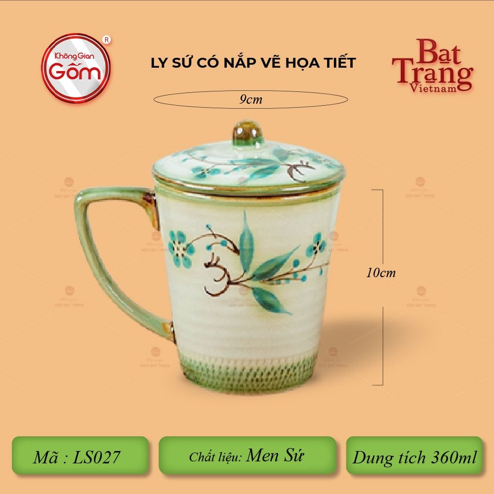 Ly Vẽ Tay Có Nắp Men Xanh