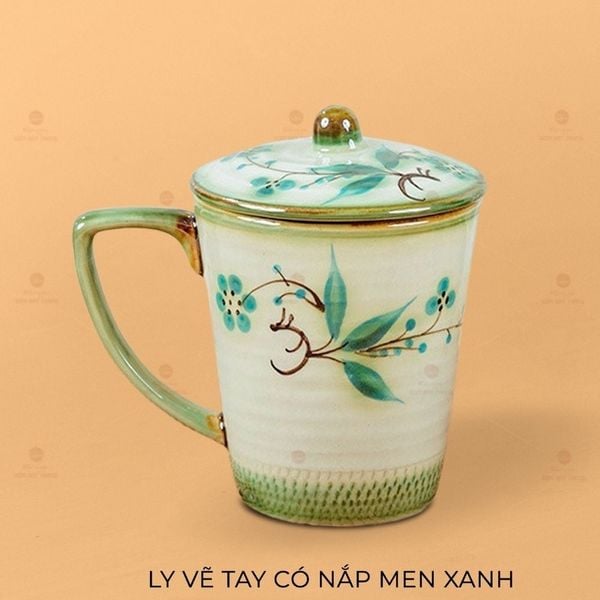 Ly Vẽ Tay Có Nắp Men Xanh