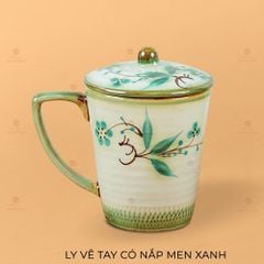 Ly Vẽ Tay Có Nắp Men Xanh