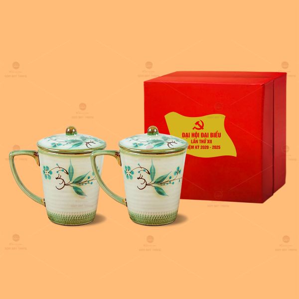 Bộ Ly Sứ Vẽ Tay Có Nắp Vẽ Trúc