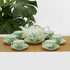 Bộ trà Mẫu Đơn men ngọc hoa sen vẽ tay