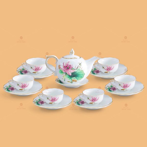 Bộ trà Mẫu Đơn sen hồng kẻ chỉ vàng