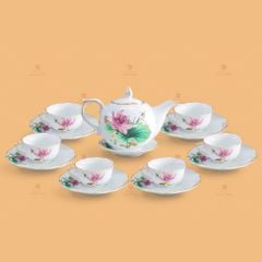 Bộ trà Mẫu Đơn sen hồng kẻ chỉ vàng