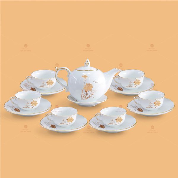 Bộ trà Mẫu Đơn sen vàng kẻ chỉ vàng - Mẫu 05