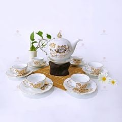 Bộ trà Mẫu Đơn sen vàng kẻ chỉ vàng -  Mẫu 04