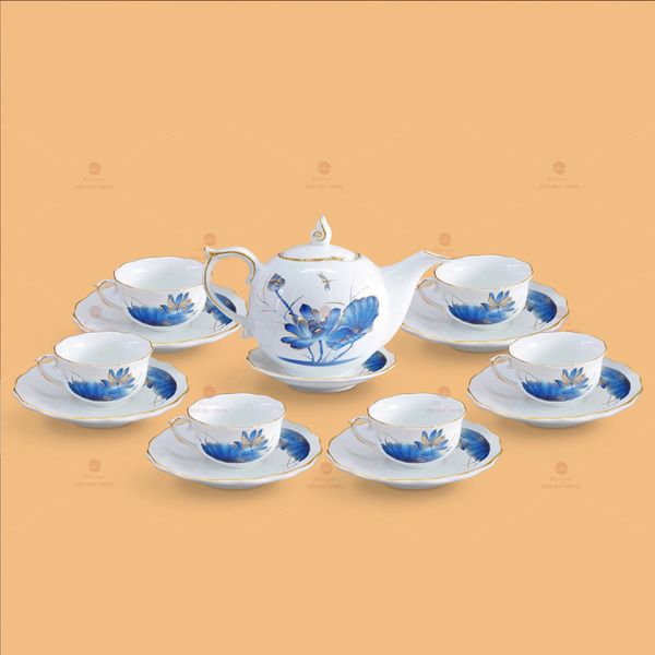 Bộ trà Mẫu Đơn sen chuồn xanh chỉ vàng