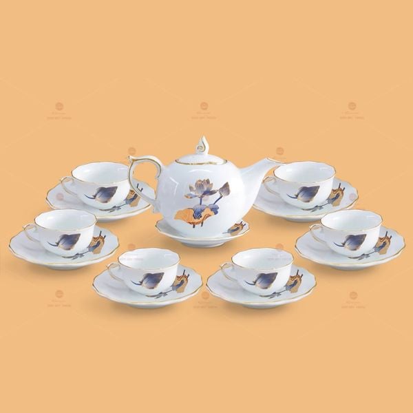 Bộ trà Mẫu Đơn sen xanh cobalt kẻ chỉ vàng