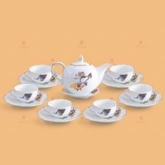 Bộ trà Mẫu Đơn sen xanh cobalt kẻ chỉ vàng