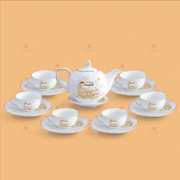 Bộ trà Mẫu Đơn Thuận buồm kẻ chỉ vàng