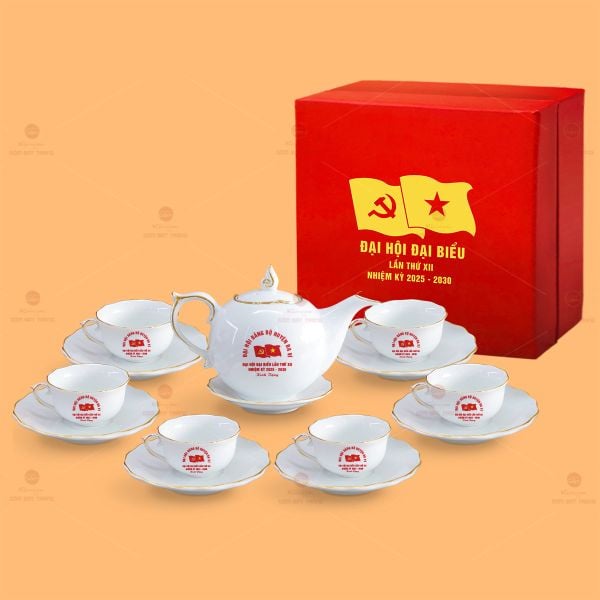 Bộ Ấm Chén Trà Mẫu Đơn Kẻ Vàng