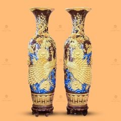 Lộc Bình Công Đào Men Nâu Đắp Nổi Dát Vàng