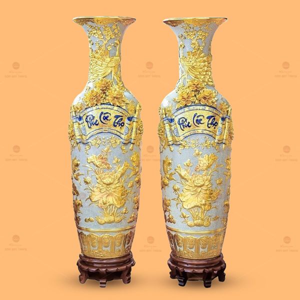 Lộc Bình Phúc Lộc Thọ Men Rạn Đắp Nổi Dát Vàng
