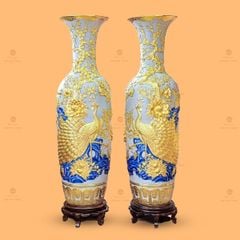 Lộc Bình Công Đào Men Rạn Đắp Nổi Dát Vàng