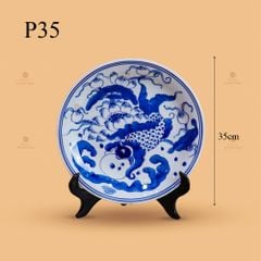 Mâm Bồng Men Lam Họa Tiết Lý Ngư Vọng Nguyệt
