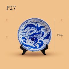Mâm Bồng Men Lam Họa Tiết Lý Ngư Vọng Nguyệt