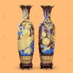 Lộc Bình Công Đào Men Nâu Đắp Nổi Dát Vàng