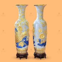Lộc Bình Công Đào Men Rạn Đắp Nổi Dát Vàng