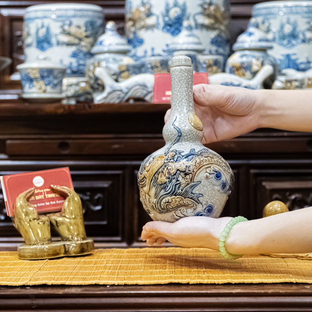 Nậm Rươu Hai Bầu Men Rạn Nổi Họa Tiết Rồng Chầu Nhật