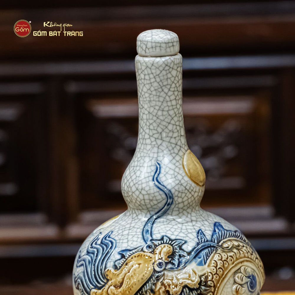 Nậm Rươu Hai Bầu Men Rạn Nổi Họa Tiết Rồng Chầu Nhật