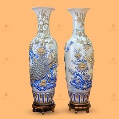 Lộc Bình Công Đào Men Rạn Họa Tiết Đắp Nổi