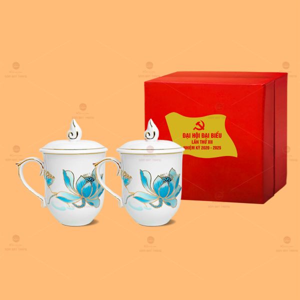 Bộ Ly Ngọn Lửa Kẻ Vàng Có Nắp Sen Xanh Men Trắng