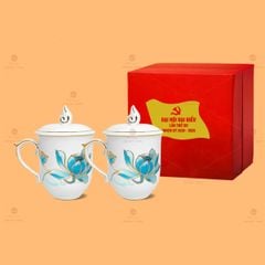 Bộ Ly Ngọn Lửa Kẻ Vàng Có Nắp Sen Xanh Men Trắng