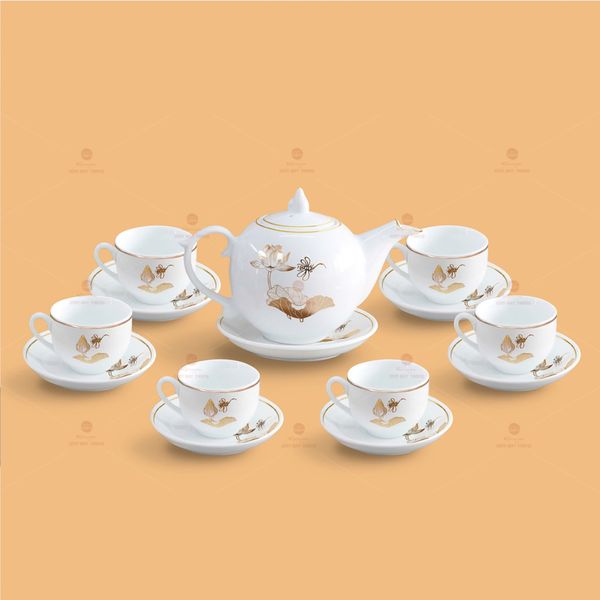 Bộ trà Ngọn lửa sen vàng kẻ chỉ vàng - Mẫu 03