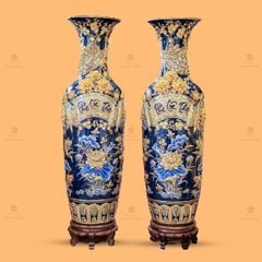 Lộc Bình Phúc Lộc Thọ Men Xanh Coban Đắp Nổi Vẽ Vàng