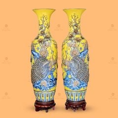 Lộc Bình Công Đào Men Vàng Đắp Nổi Vẽ Vàng