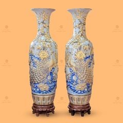 Lộc Bình Công Đào Men Rạn Đắp Nổi Vẽ Vàng