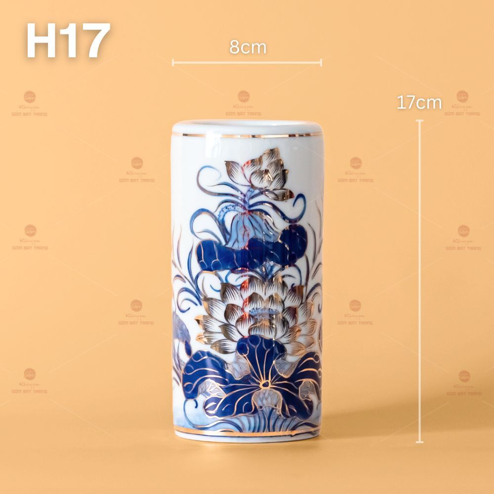 Ống Hương Men Lam Vẽ Vàng Họa Tiết Hoa Sen