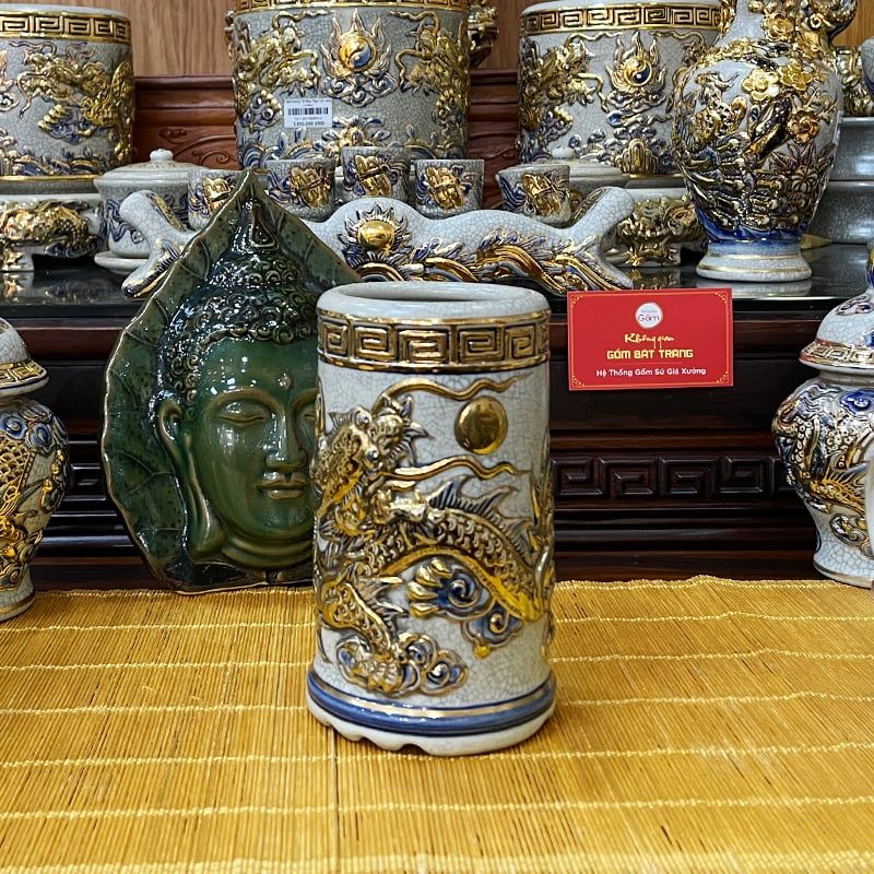 Ống Hương Men Rạn Vẽ Vàng Họa Tiết Kim Long Chầu Nhật