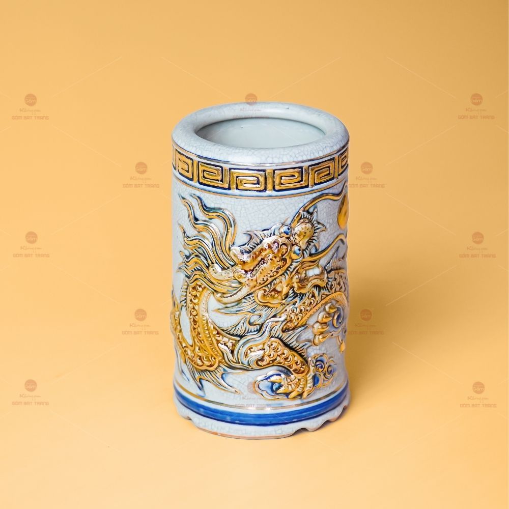 Ống Hương Men Rạn Vẽ Vàng Họa Tiết Kim Long Chầu Nhật