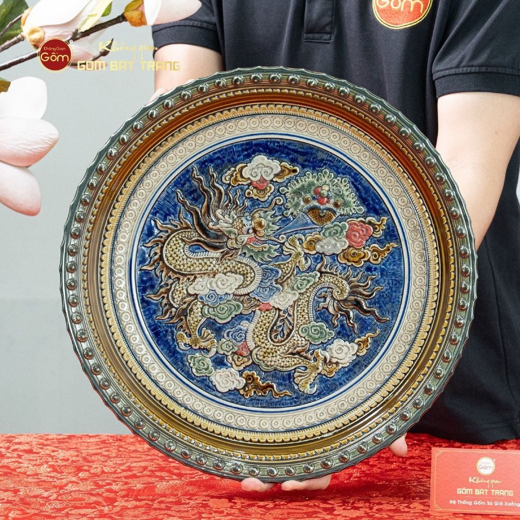 Đĩa Trưng Bày Đắp Nổi Vẽ Màu Cá Chép Hóa Rồng
