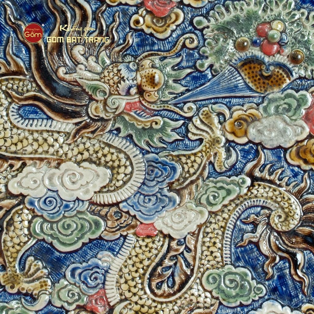 Đĩa Trưng Bày Đắp Nổi Vẽ Màu Cá Chép Hóa Rồng
