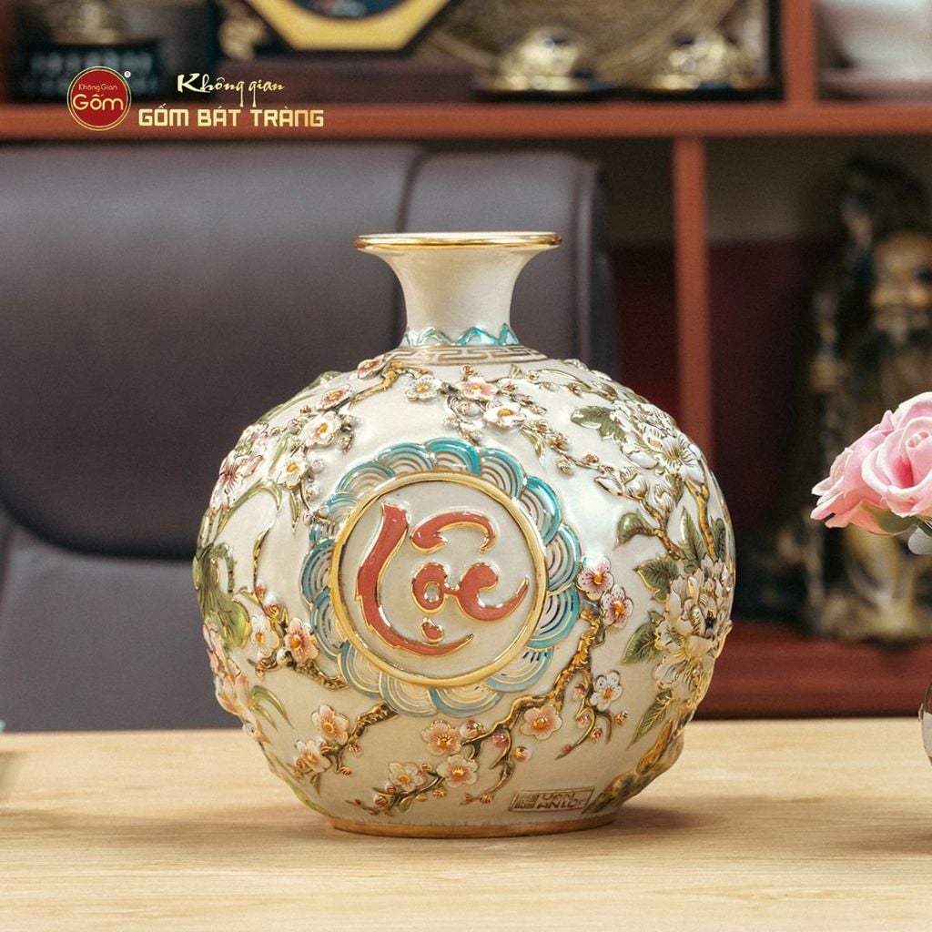 Quả Hút Lộc Men Trắng Rạn Phúc Lộc Thọ Vẽ Vàng