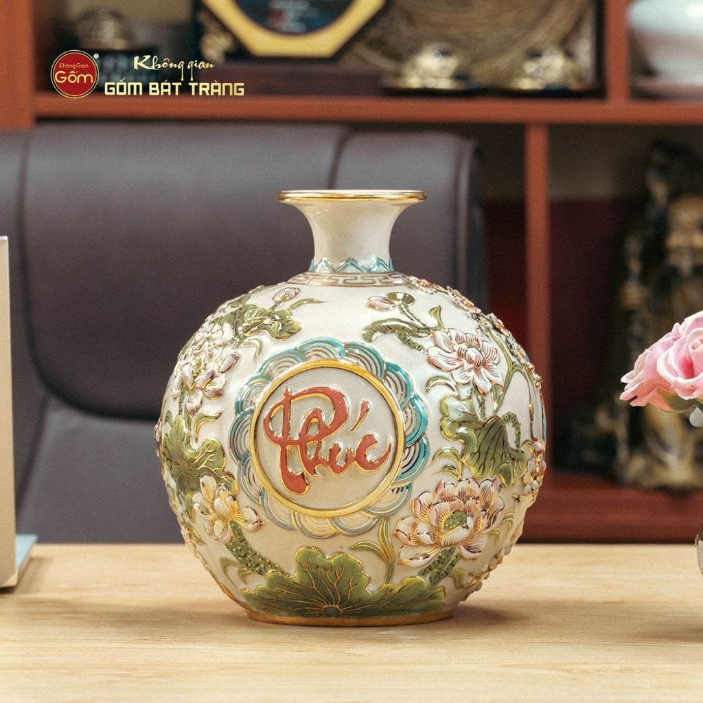 Quả Hút Lộc Men Trắng Rạn Phúc Lộc Thọ Vẽ Vàng