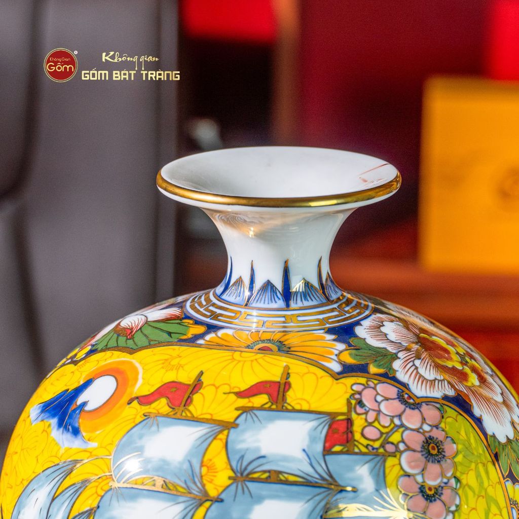 Quả Hút Lộc Nhị Cảnh Men Vàng Thuận Buồm Công Mẫu Đơn Vẽ Vàng