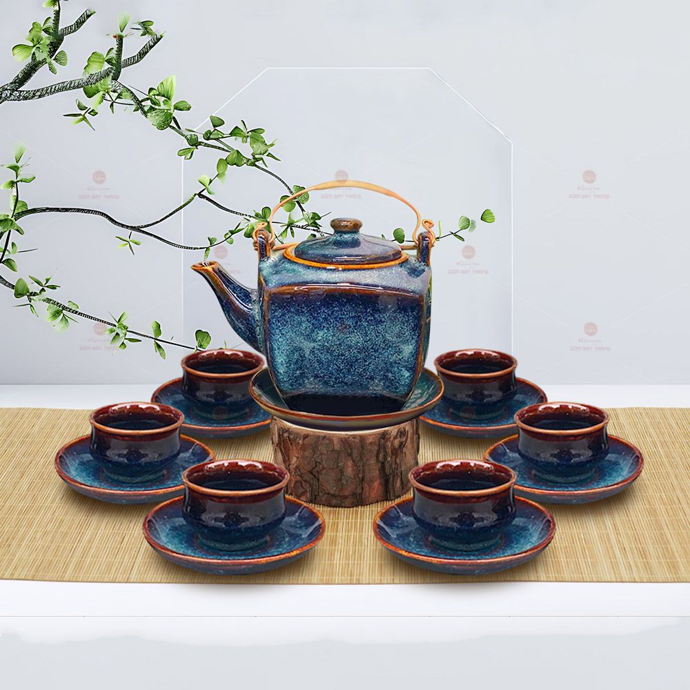 Bộ trà lục giác quai đồng men hoả biến