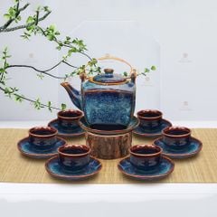 Bộ trà lục giác quai đồng men hoả biến