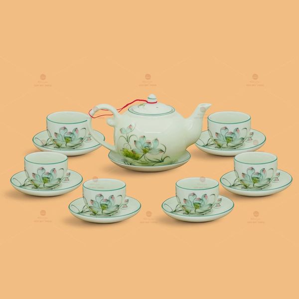 Bộ trà quai lượn men ngọc hoa sen vẽ tay