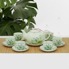 Bộ trà quai lượn men ngọc hoa sen vẽ tay