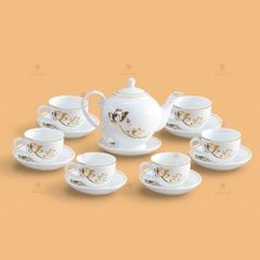 Bộ trà Camelia sen vàng kẻ chỉ vàng - Mẫu 01
