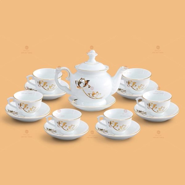 Bộ trà Đài Các sen vàng kẻ chỉ vàng - Mẫu 01