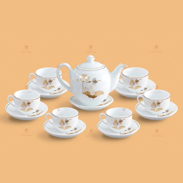 Bộ trà dáng Minh Long sen vàng kẻ chỉ vàng - Mẫu 03