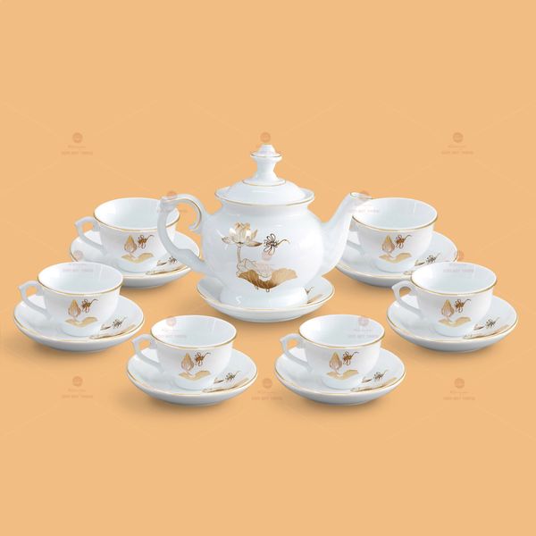 Bộ trà Đài Các sen vàng kẻ chỉ vàng - Mẫu 03